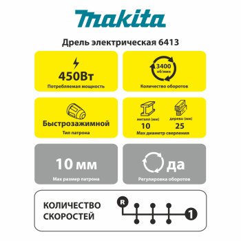 Дрель электрическая Makita 6 413 450Вт Ni-Cd, Ni-MH 0x