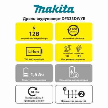 Дрель-шуруповерт аккумуляторная Makita DF333DWYE Li-lon 12В 2x1,5Ач 30Нм