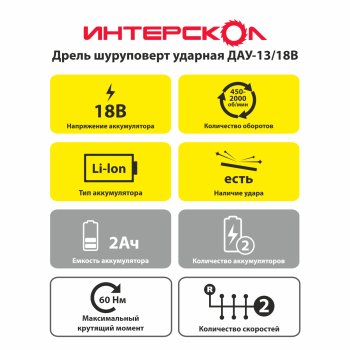 Дрель-шуруповерт аккумуляторная Интерскол ДАУ-13/18В Li-lon 18В 2x2Ач 60Нм