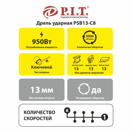 Дрель ударная P.I.T. PSB13-C8 950Вт