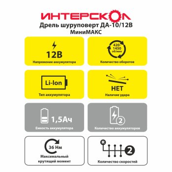 Дрель-шуруповерт аккумуляторная Интерскол МиниМАКС ДА-10/12В 38 Li-ion 12В 2x2,5Ач 38Нм