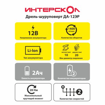 Дрель-шуруповерт аккумуляторная Интерскол ДА-12ЭР Li-lon 12В 2x2Ач 28Нм