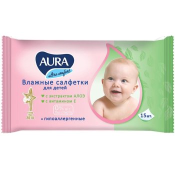 Салфетки влажные Aura детские 15 шт