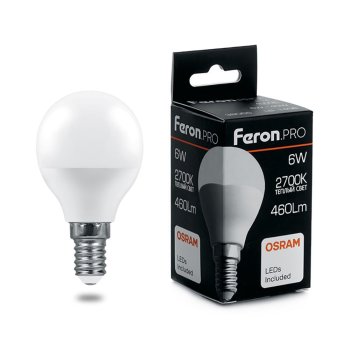 Лампа светодиодная Feron Pro Е14 6Вт 2700К теплый белый свет