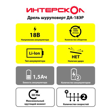 Дрель-шуруповерт аккумуляторная Интерскол ДА-18ЭР Li-lon 18В 2x2Ач 38Нм