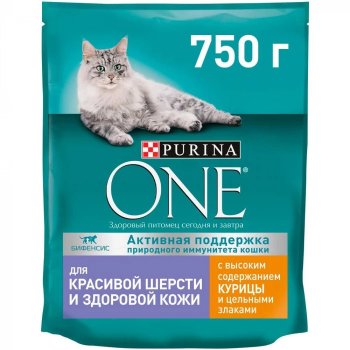 Корм сухой для кошек Purina One Курица красивая шерсть 750г