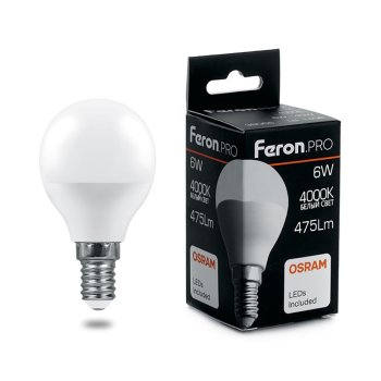 Лампа светодиодная Feron Pro Е14 6Вт 4000К нейтральный белый свет